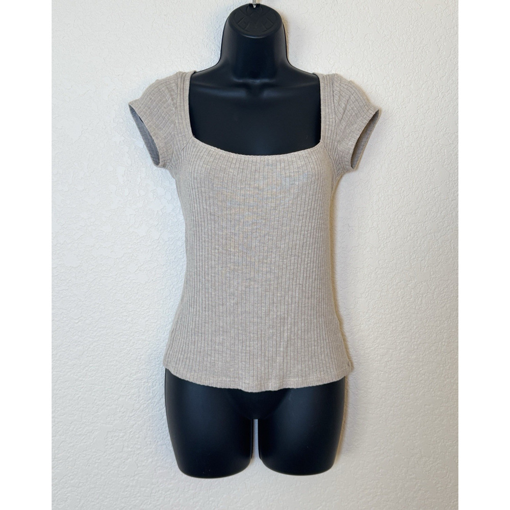 Reformation Bardot Top Medium Tan Ribbed Knit Short Sleeve Shirt Essential Basic